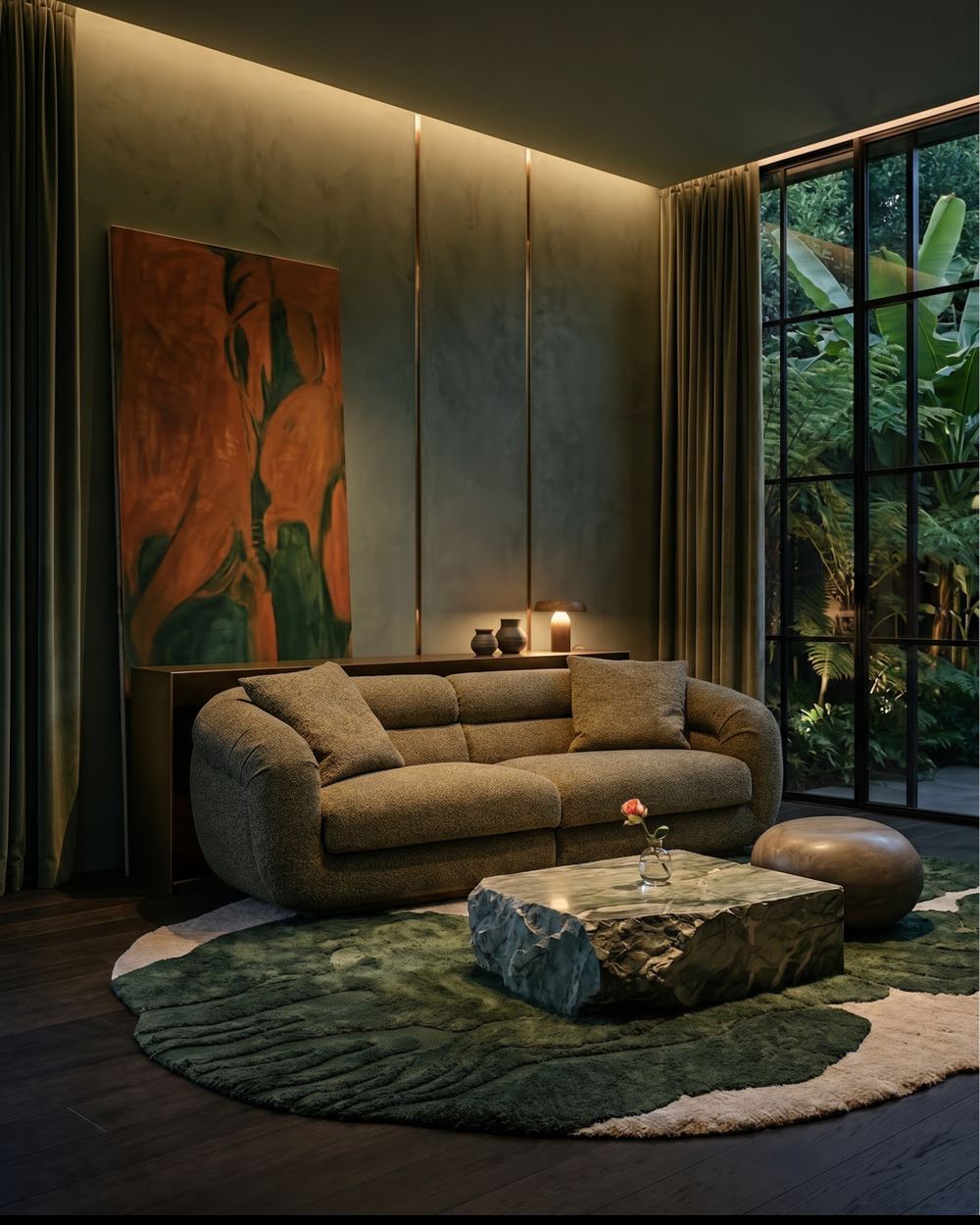 After: the same room with olive walls, warm cove lighting, art and a curved bouclé sofa